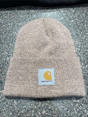 Carhartt Heather Tan Cuffed Beanie with Yellow Logo Patch